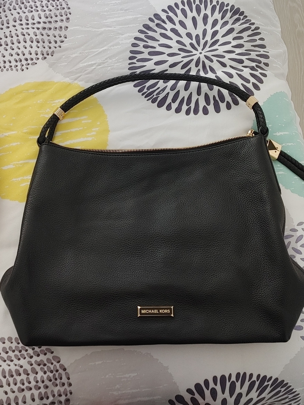 Michael Kors Black Pebbled Leather Shoulder Hobo with Gold Hardware
